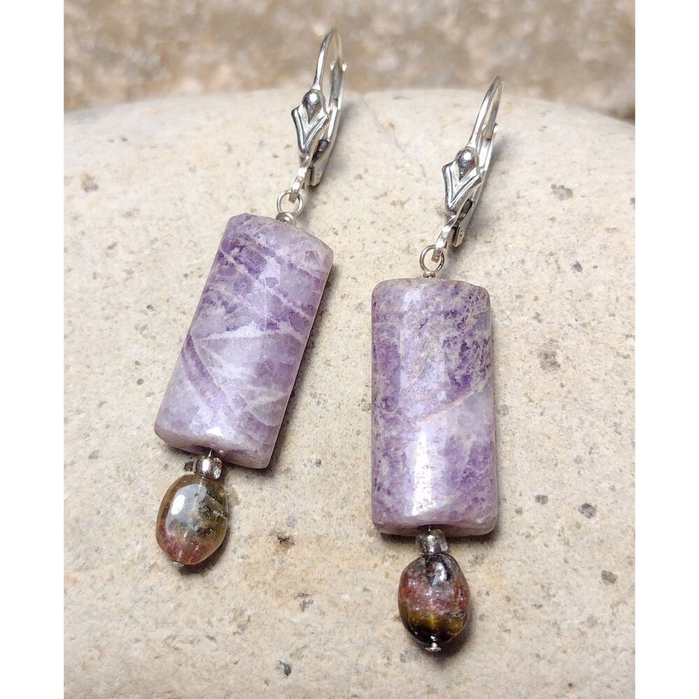 Purple Matrix Bronzite Stone Sterling Silver Dangle Earrings Vintage